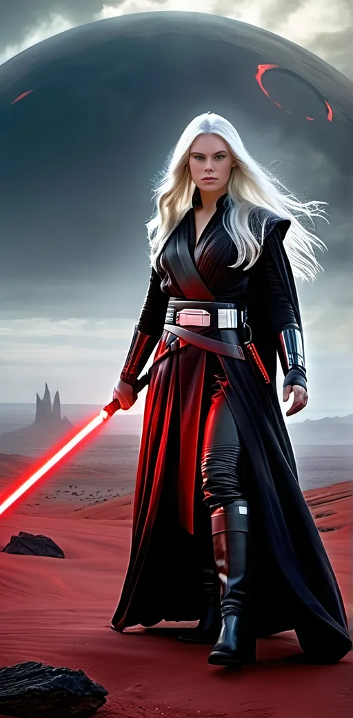 Prompt: Realistic photo of a fierce young female dark Jedi Knight (age 25) with long flowing white hair, striking red eyes, and intricately beautiful features, dressed in flowing black robes, sleek slacks, and sturdy black boots, adorned with a utility belt holding metallic tools, wielding a glowing red lightsaber with intense focus, standing ready for battle in a misty alien landscape with faded sunlight, digital photo, detailed facial features, realistic, dark Jedi Knight, female, long flowing white hair, red eyes, black robes, slacks, black boots, utility belt, metallic tools, red lightsaber, misty alien landscape, faded sunlight, realistic style, intense lighting