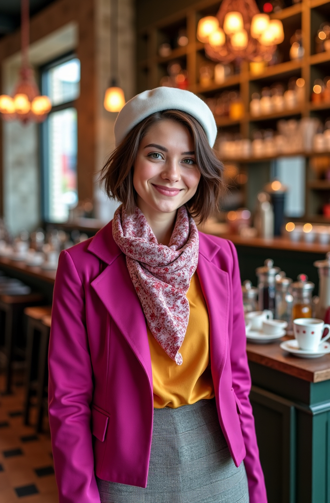 Prompt: Stunningly beautiful young woman, (piercing green eyes), (short chestnut shag cut hair), (big smile), wearing (fuchsia jacket), (paisley scarf), (white beret), (saffron blouse), (tweed skirt), (fashion boots), standing in an elegant tea shoppe, surrounded by enchanting decor, warm ambient lighting enhancing the luxe atmosphere, (ultra-detailed), (8k resolution), (professional photography), (high quality).