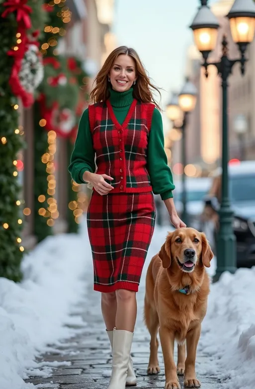 Prompt: (Beautiful woman with green eyes & cinnamon hair), stylish red & green plaid tartan sweater vest, matching pencil skirt, vibrant green blouse, fashionable white leather boots with fur trim, joyfully walking her golden retriever dog, snowy high street adorned with festive decorations, bright clear day, cheerful holiday spirit, (highly detailed), reminiscent of a Christmas postcard, (8K), (photorealistic), (professional quality photo).