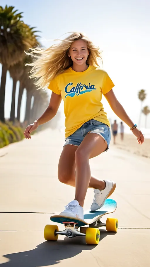 Prompt: Tall blonde curvaceous girl skateboarding, long flowing windswept hair, perfect square face, hourglass physique, bosomy, California beach sidewalk, yellow tee with “California” graphic, light blue denim shorts, white sneakers, smiling, high-res, photo, beach lifestyle, sunny day, carefree, youthful, outdoor recreation, casual attire, detailed facial features, sharp focus, compact white skateboard with yellow wheels, fluid movement, vibrant colors, dynamic pose, sun-kissed, beachy vibes, prominent curves