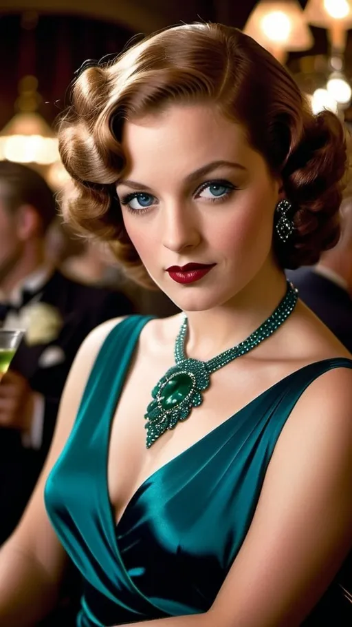 Prompt: Chic French lady in 1930s ((electric blue cocktail dress)), holding a martini, sultry expression, sloe-eyed, curly auburn hair, detailed green eyes, curvaceous-figure:2.0, elegant vintage glamour, bustling crowded club background, dark and moody lighting, detailed facial features, professional, 8k photo, vintage, glamorous, detailed eyes, sultry, chic, crowded, moody lighting, silver dress