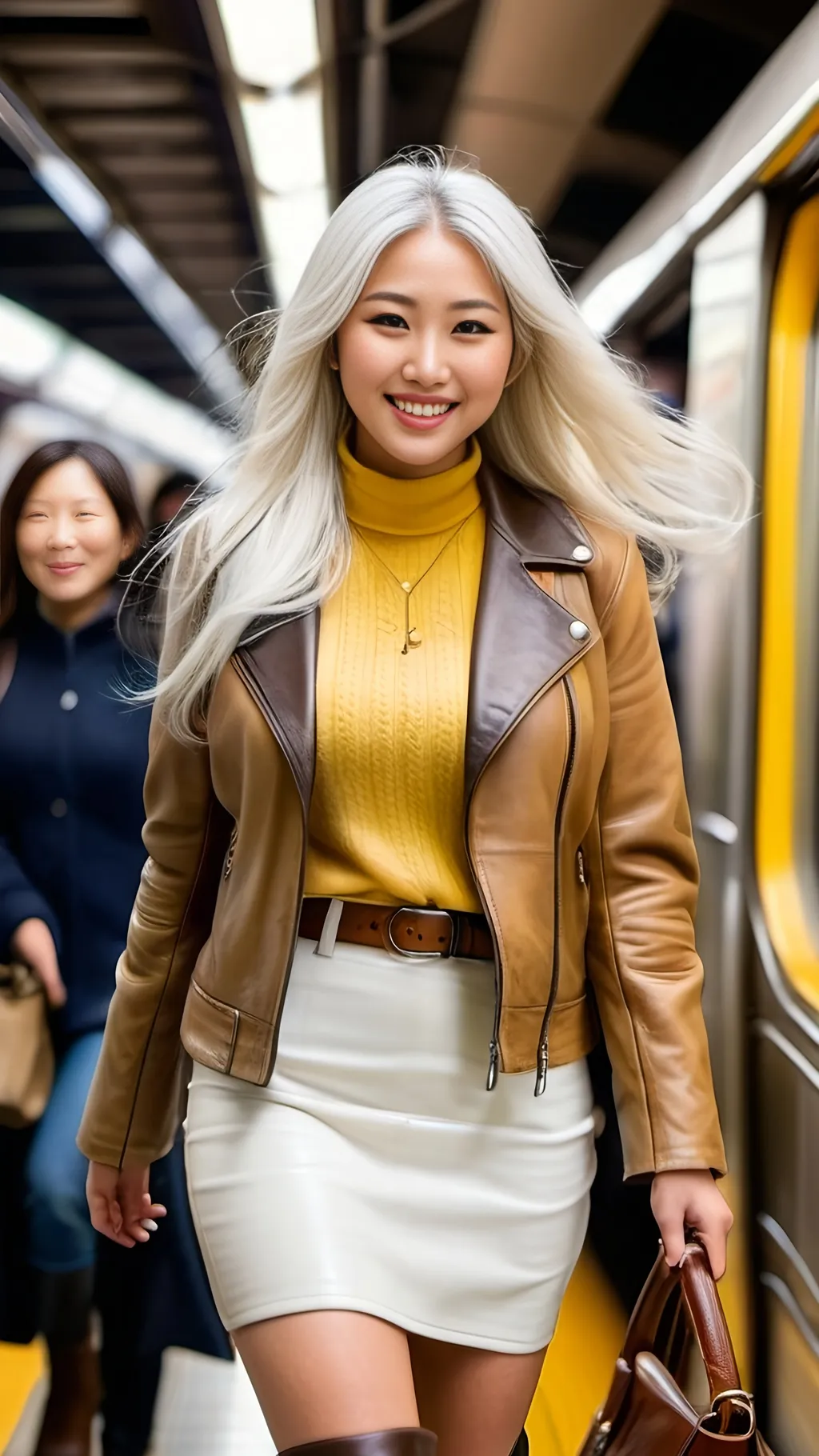 Prompt: Japanese model, beautiful diamond face, long white hair with dark highlights, hazel-eyed, white leather jacket, yellow sweater, khaki skirt, brown leather boots, leather handbag, smiling, buxom, curvaceous figure, walking in crowded subway station, 8k photo, graceful movement, active scene, highres, detailed, elegant, urban, warm lighting