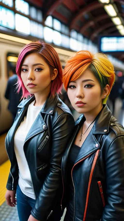 Prompt: Two Japanese women with colorful hair, hazel eyes, leather jackets, waiting in a Tokyo train station, 8k photo realistic, detailed fashion, realistic lighting, urban setting, plump curvy figure, modern, stylish, vibrant colors, high quality, photo-realistic, 8k, high-res, detailed hair, fashionable, trendy, Tokyo train station, stylish composition, professional photography