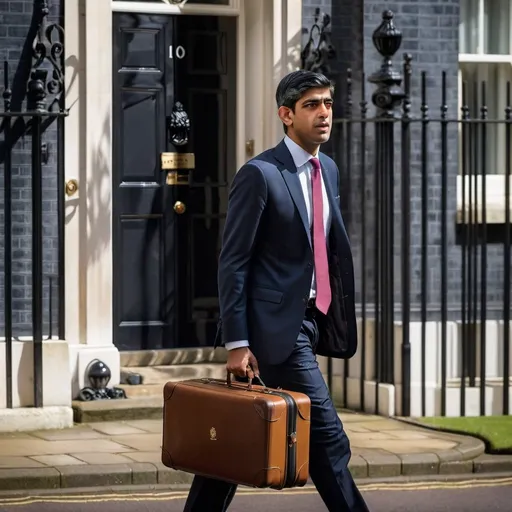 Prompt: Unhappy Rishi Sunak leaving British Prime Minister's residence, Downing Street, London, carrying a piece of luggage, high-res, professional photo, realistic, political, somber lighting, detailed facial expression, classic architecture, overcast sky, impactful composition