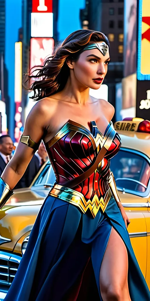 Prompt: Photorealistic nightscape of Gal Gadot and Lynda Carter in Wonder Woman costume, long blue skirt, red boots, yellow 1940s taxicab, New York Times Square, auburn hair, blue-eyed, detailed face, bosomy:2.0, full-figure:2.0, 8k photo, intricate detail, cinematic, realistic lighting, detailed facial features, iconic superheroines, vintage New York setting, bustling city lights, intricate costume designs, detailed cityscape, cinematic atmosphere