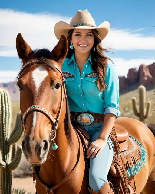 Prompt: Tall curvaceous Native-American woman, age 25, long brown hair with white highlights, grey eyes, beautiful diamond face, happy smile, turquoise jewelry, wearing a ((fringed suede vest, chambray short-sleeve shirt, brown suede pencil skirt with fringe, brown suede boots, brown cowboy hat with silver and turquoise band)), riding on a Palomino horse, desert cactus background, high-res, professional photograph, daylight, western scene, high detail, realistic textures, elegant beauty, Native-American woman, suede clothing, fringed attire, modern southwestern fashion