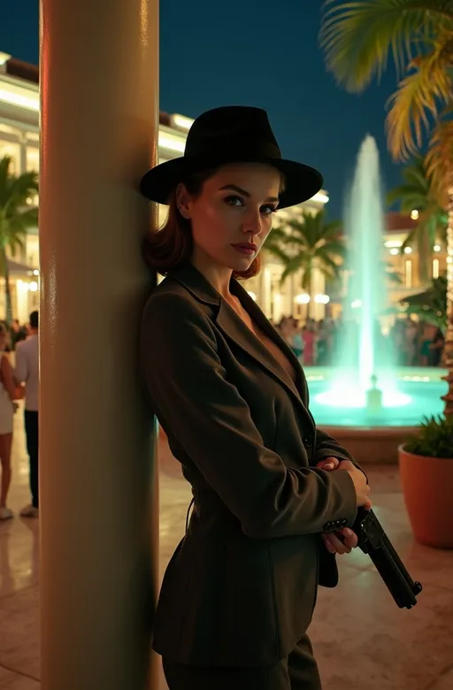 Prompt: Cinematic photo portrait, (famous American Detective Samantha Spade) standing next to a column, holding a sawed off shotgun, gorgeous square face, chestnut hair, intense gaze, grand art deco hotel courtyard, crowded with people in casual tropical attire, large fountain, nautical-themed decor, potted palms, vibrant 1930s vintage vibe, elegant atmosphere, she wears a dark gray and maroon suit, black fedora, high detail, ultra-detailed, night scene, muted lighting, dramatic shadows, 8k.