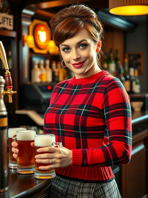 Prompt: Beautiful English bartender girl, age 25, short chestnut updo style hair, (vibrant green downturned eyes), (plump heart face), (arched eyebrows), (sharp upturned nose), square chin, (rosy makeup), (curvaceous figure), wearing colorful tartan plaid sweater, tweed skirt, pumps, standing at the counter preparing mugs of beer, pro lighting, high-res, pro photo, happy expression, dynamic atmosphere, English Pub, dark woods and brass details, spotlight her classically beautiful face.