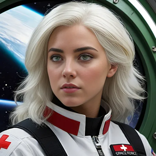 Prompt: Off duty female space force medic, age 25, green eyes, flowing white hair, green and yellow uniform, red cross insignia, staring out porthole of starship, 8k photo, photorealism, sci-fi, detailed uniform, realistic facial features, professional lighting, intense gaze, futuristic starship interior, high quality, ultra-detailed, photorealistic, sci-fi, detailed eyes, realistic hair, detailed uniform, professional lighting
