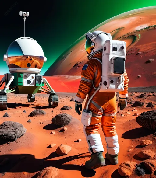 Prompt: Female astronaut in yellow and green space suit, orange helmet, scientific probing tool, equipment backpack with radio antennae, barren red rocky landscape, rover vehicle in background, red clouds in sky, futuristic-sci-fi style, walking on Mars, 8k photo, high detail, space exploration, futuristic, female astronaut, Mars landscape, rocky terrain, orange helmet, scientific probing tool, astronaut equipment, radio antennae, rover vehicle, red clouds, detailed spacesuit, high-tech backpack, barren landscape, space exploration, sci-fi, 8k resolution, high detail, futuristic-sci-fi style, exploration, space travel