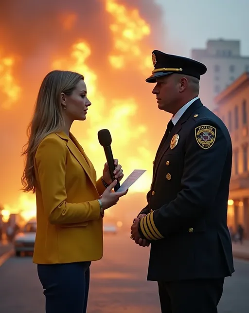 Prompt: Photorealistic image of a beautiful female TV news reporter in a stylish yellow jacket and navy slacks, holding a microphone, articulately interviewing a tall brave fire chief in full uniform. Eerie smoke and haze merge with the chaos of burning buildings in the background, intensifying the scene. Captured in 8K resolution, ultra-detailed, the image exudes a high-quality cinematic vibe, emphasizing the gravity of the situation and showcasing the professionalism of the characters involved.