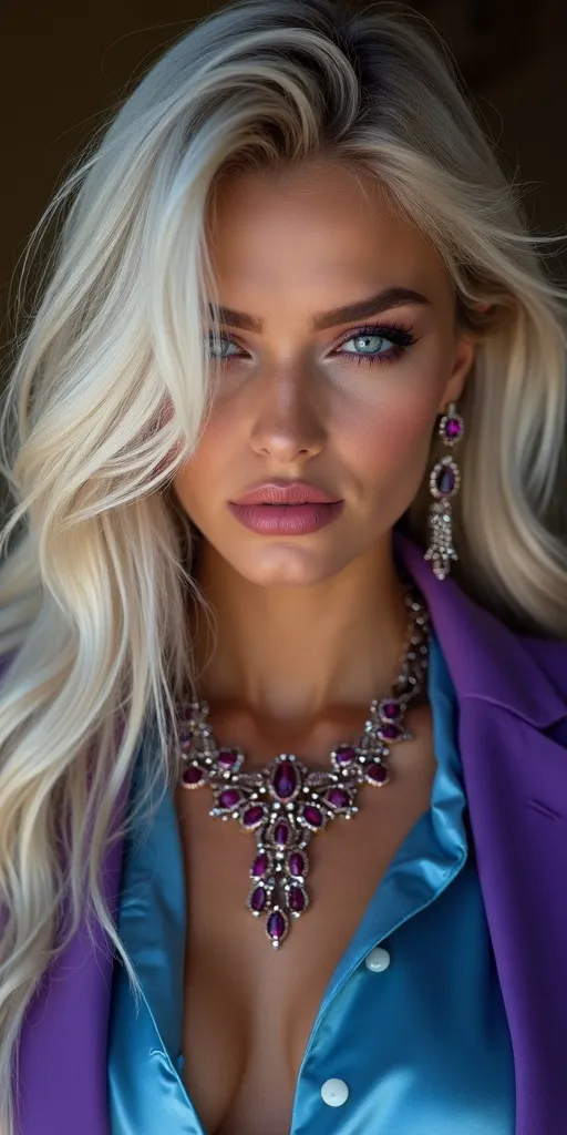 Prompt: Beautiful suntanned woman, striking icy blue eyes, long narrow nose with button tip, arched brows, prominent cheekbones, long thick & silky silver-blonde hair draped covering one eye, (smoky makeup with dark purple eyeshadow and ruby lips), ruby earrings, sapphire & ruby mesh necklace. (Slightly chubby), wearing Stylish purple blazer, sky-blue blouse, vibrant colors, warm lighting, soft shadows, photorealistic, ultra-detailed 8K resolution, professional photography, fashion-forward style, intense dangerous gaze, mysterious ambiance.