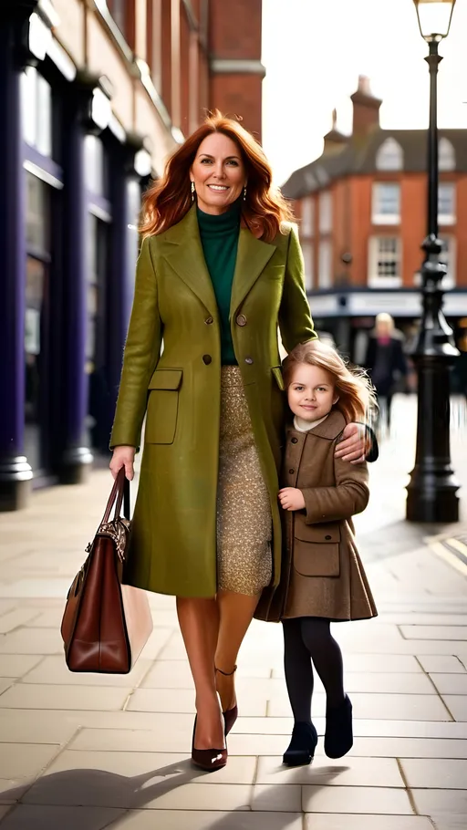 Prompt: Beautiful 40-year-old woman with intricate round face, vibrant green eyes, auburn hair, walking in King's Cross London with young daughter, wearing tweed coat, sweater, skirt, heels, 8k photo, detailed features, realistic, elegant, warm tones, natural lighting