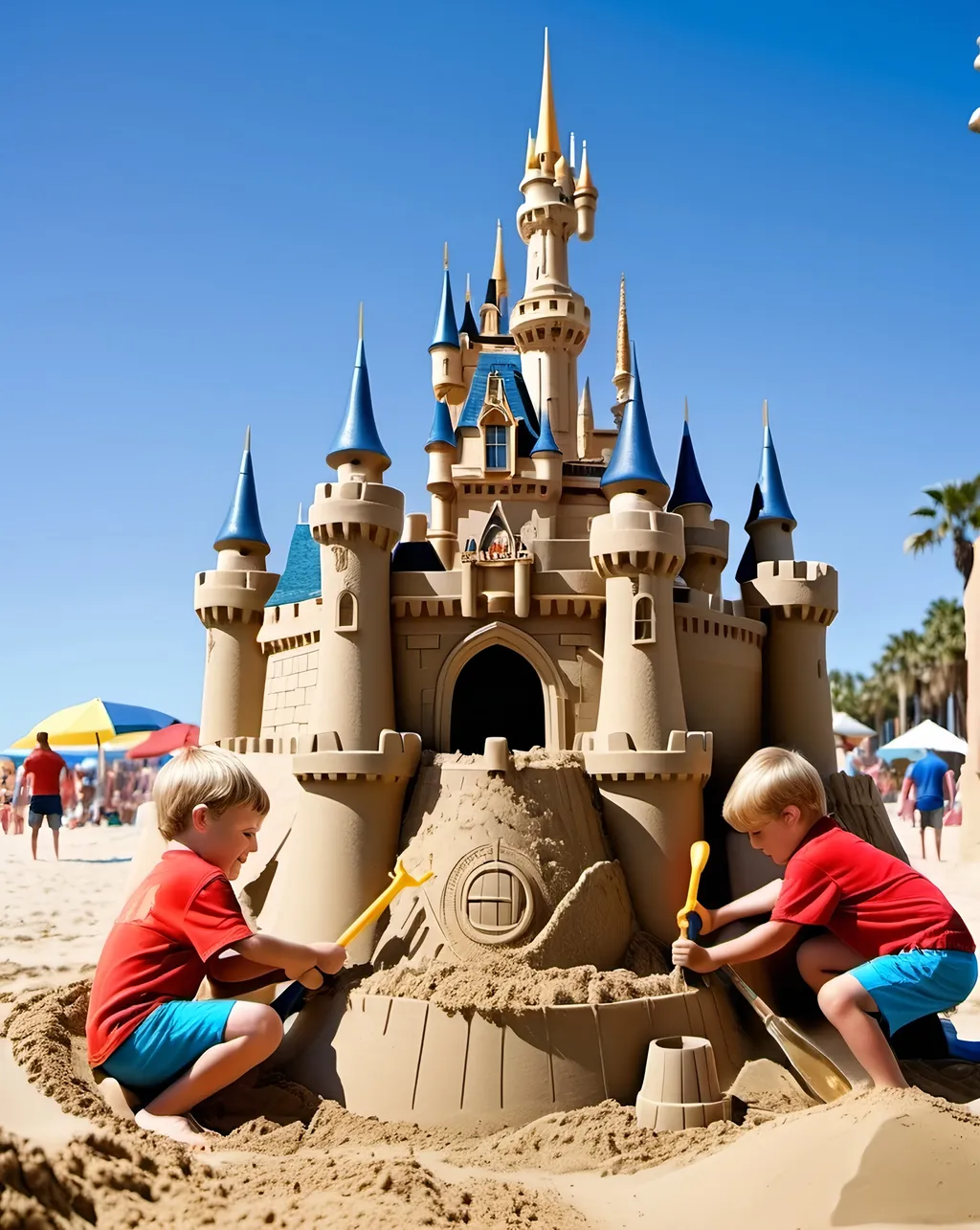 Prompt: Photograph of a huge elaborate sand castle done in the style of Disneyland, being worked on by two little boys, age 8 wearing swim trunks and working with plastic tools, high-res, 8k, daylight, beach scene, happy joyful setting 