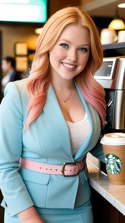 Prompt: Beautiful woman with chubby round face, dimples, blue eyes, long strawberry blonde hair, pink blazer, light blue blouse, khaki pencil skirt, white leather belt and sandals, getting coffee at Starbucks counter from a Barista, high-res, pro photo, airport setting, sophisticated, round-faced, blue-eyed, chic outfit, professional, blue and pink color palette, natural lighting, sharp focus, curvaceous physique, soft plump figure, high detail, high quality