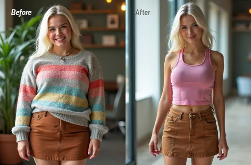 Prompt: (8K photorealistic) side-by-side comparison, left: (beautiful silver-blonde haired young fashion model) overweight, chubby round face, happy smile, wearing a (snug colorful sweater & suede miniskirt), bright lighting highlighting her features, right: (same woman) with ((identical hair clothing & pose)) now slender, fit, healthy after significant weight loss, capturing extreme difference in body weight, vibrant and well-lit environment, ultra-detailed, HD quality, captivating visual contrast showcasing transformation, "Before" text in left panel and "After" text in right panel.