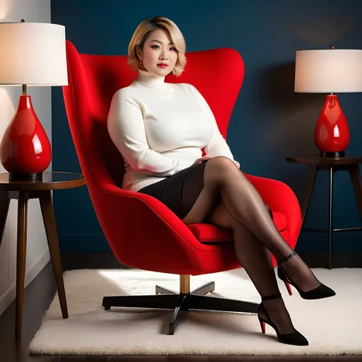 Prompt: Profile view of a beautiful bosomy full-figured Japanese woman, short blonde hair, blue eyes, thick thighs, long shapely legs, sitting with legs crossed in a red mid-century chair, white turtleneck sweater, black tights, black mules, modern 8k photo, high detail, modern lighting, hi-res, realistic, modern, detailed, stylish, glamorous, elegant, professional lighting