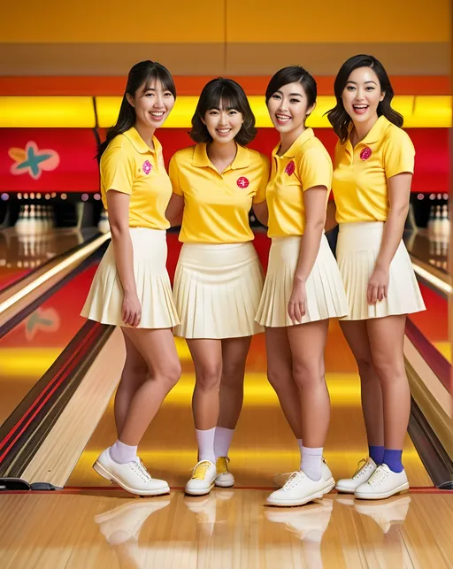 Prompt: group of four Japanese women in bowling team photo in a brightly lit bowling alley, wearing yellow tee & short white pleated skirt, white bowling shoes, happy, high-res photo, brightly lit, detailed facial features, colorful, fun atmosphere
