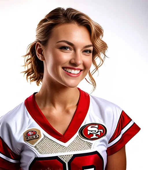 Prompt: Smiling Arizona Muse in San Francisco 49ers cheerleading uniform, white sneakers, crowded football sideline, intricate face, 8k photo, high detail, realistic, vibrant colors, energetic atmosphere, professional lighting