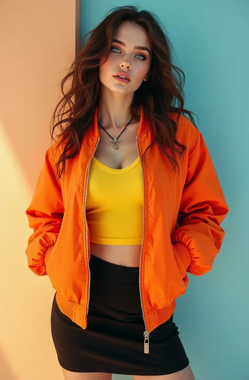 Prompt: (Patrick Nagel style) 80s brunette woman, (pale skin), (sparkling blue eyes), (long wavy hair), (angular face), (orange bomber jacket), (yellow tee), (black miniskirt), (curvy figure), pastel backdrop, (bright light), HD, ultradetailed, (8k), professional photography quality, vibrant colors, cheerful ambiance, retro aesthetic, polished finish, graphic design influences.