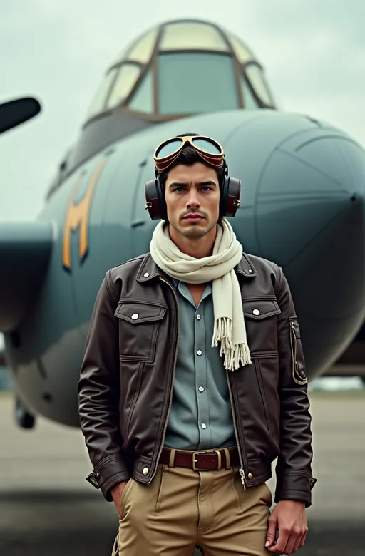 Prompt: Vintage photo of a handsome pilot dark hair, blue eyes, square face, leather jacket, white scarf, gray shirt, khaki trousers, goggles, standing in front of a retro-futuristic fighter plane, cloudy sky, cinematic vibe, military insignia, historical, high detail & quality, 8k, pro photo.