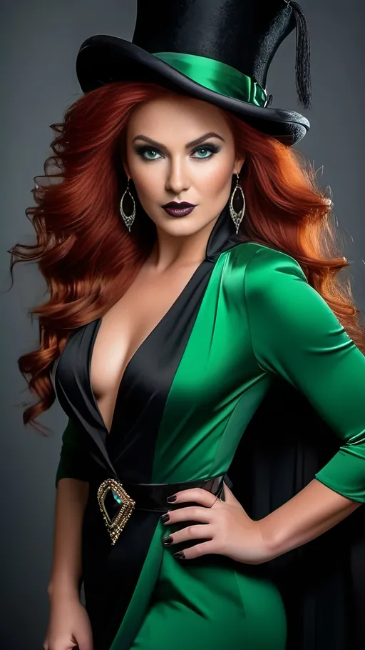 Prompt: Beautiful Eurasian sorceress, thick red hair, green eyes, dark eyebrows, light makeup, ((low-cut black dress with lapels, black top-hat)), fine bone structure, hourglass figure, obsidian jewelry, bosomy physique, gray background, sinister grin, intense gaze, 8k photo, detailed, elegant, glamorous, portrait, high fashion, realistic, soft lighting, vibrant color tones, graceful pose, professional photography