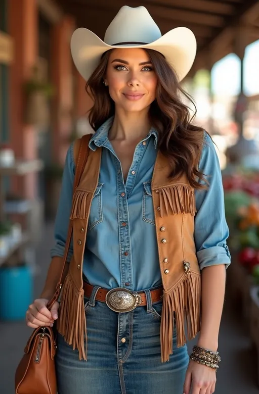 Prompt: (Beautiful curvaceous Hispanic woman), (silky chestnut-brown hair), (piercing gray eyes), stunning facial features, wearing a (chambray shirt), fringed (suede vest), (denim skirt) with (silver and turquoise detailing), stylish leather handbag, classic leather boots, unique (white cowboy hat), subtle smile on her golden-ratio face, standing confidently in a vibrant farmer's market scene, American-Southwest setting, (8k resolution), (professional photography), (ultra-detailed), inviting atmosphere, soft afternoon lighting enhancing the colors.