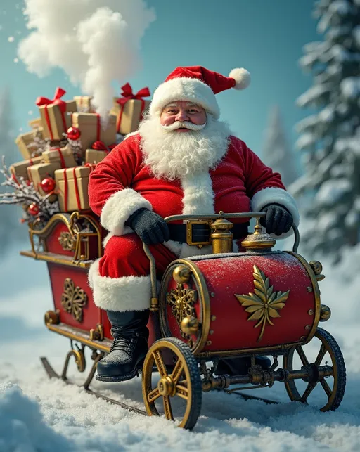 Prompt: (Corpulently obese Santa Claus) riding his brightly colored (steampunk sleigh), large boiler with clouds of steam rising, (brass accents), adorned in red and white, bursting with (wrapped Christmas packages), whimsical holiday atmosphere, cozy, humorous scene, playful and vibrant, postcard-style photo, enchanting details and decorations, vivid contrast, (8K resolution), (high-detail quality), capturing a joyful and festive spirit, enchanting winter landscape in the background.