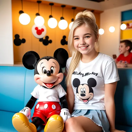 Prompt: Cute teenage girl in white tee shirt & miniskirt, happy smiling, sitting with Mickey Mouse doll, 8k photo, vibrant, realistic, detailed, modern, cute, blonde, cheerful, high-res, detailed facial expression, casual, comfy, bright lighting, cozy atmosphere