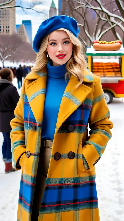 Prompt: Beautiful woman age 21, blonde hair, blue-eyed, intricate square face, upturned nose, rosy skin, yellow plaid wool coat, blue beret, blue sweater, khaki tweed skirt, brown leather boots, standing next to a hot dog cart in snow-covered Central Park New York, 8k photo, realistic, winter fashion, detailed facial features, vibrant colors, snowy landscape, professional lighting, crowded bustling scene