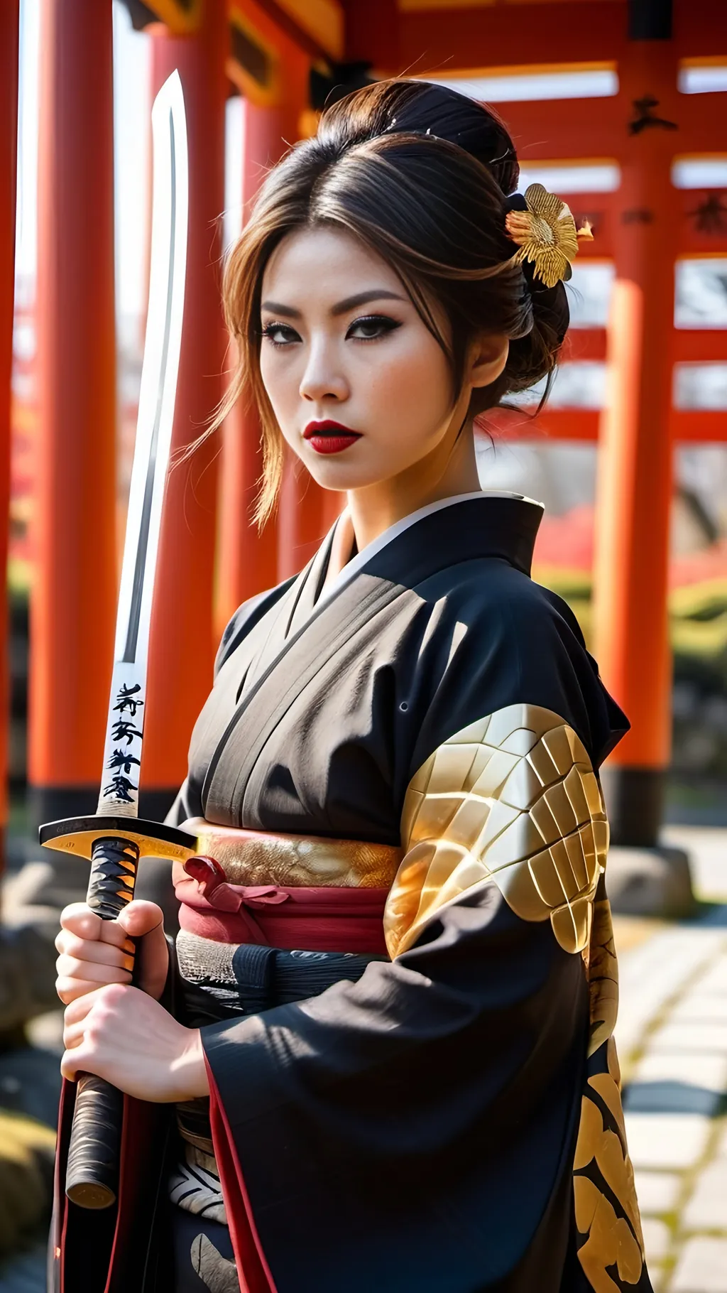 Prompt: Japanese warrior woman, intricate face, short brown hair, dark makeup, red lipstick, dressed in black kimono, black trousers, and black boots, holding a gleaming damascus steel katana with an elaborate pattern and a golden hilt guard, sword held ready for battle, standing in front of a Torii Gate, sunlight, high-res, 8k, photo, warrior, traditional, detailed, intricate, fierce, confident, historical, elegant, black attire, traditional Japanese setting, gleaming sword, sunlight filtering through gate, stoic expression, professional lighting