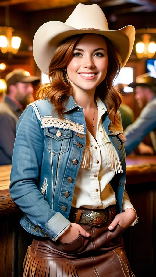 Prompt: Profile view 8k photo of a beautiful woman, age 25, green-eyed, short auburn hair, white chambray shirt, fringed denim jacket, brown leather miniskirt, cowboy boots and hat, smile, intricate square face, standing in a crowded old west style saloon with big screen TVs, high quality, western, detailed portrait, rustic colors, warm lighting