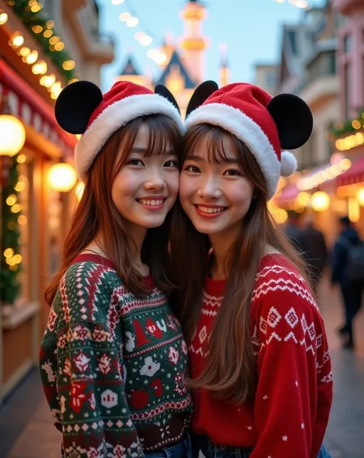 Prompt: photorealistic, (adorably cute teen Japanese sisters age 15-17) posing for a Christmas portrait, chestnut-auburn hair, (whimsical Christmas sweaters & jeans),, Mickey Mouse hats emphasize (plump round bosomy thick physique), Tokyo Disneyland Castle decorated for the holidays, warm happy vibe, high detail & quality, (high detailed faces), 8k, pro photography, pro lighting, ultra-detailed environment with festive decorations, comfortable ambiance, joyful expressions.