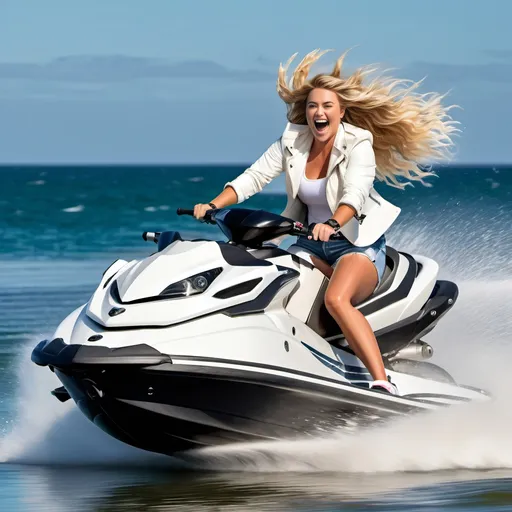 Prompt: action shot of beautiful curvaceous woman steering a jetski, windswept blonde hair, happy expression, standing at the controls, white jacket, white tee, denim shorts, sneakers, waves, salt spray, windy, shoreline, high-res photo, detailed hair, dynamic composition, realistic, lively colors, coastal, professional photography