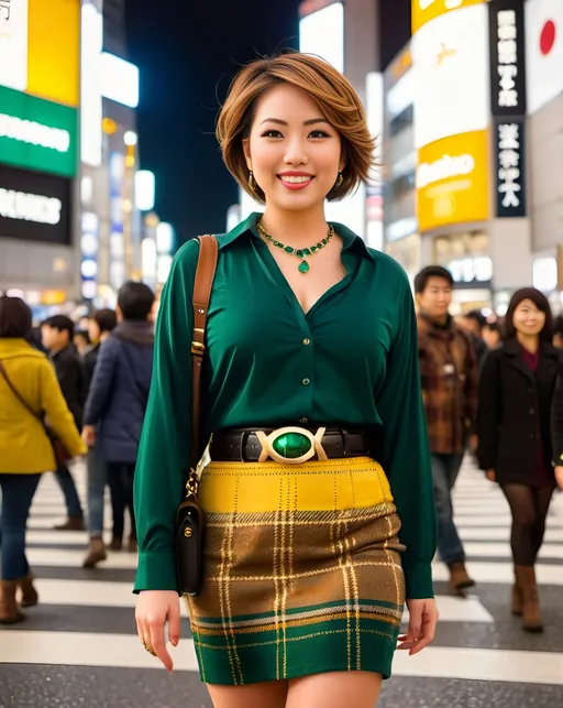 Prompt: Japanese woman walking in Shibuya Crossing Tokyo, night scene, high-res photo, multi-color short hair, hazel eyes, beautiful diamond face, upturned eyebrows, gold & emerald jewelry, curvaceous:2.0, buxom:2.0, ((green & yellow silk blouse, brown plaid tweed pencil skirt, black leather belt & boots)), smile, urban, professional photography, lively city lights, detailed, night scene, high-res photo, low angle camera
