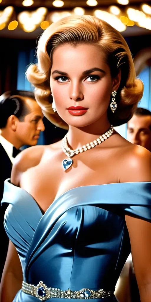 Prompt: Beautiful Grace Kelly|Ursula Andress in a luxurious casino, buxom curvy full-figured, pale skin, flowing blonde hair, silver blue asymmetrical cocktail dress, intricately detailed heart-shaped face, highly detailed, cinematic, James Bond style, 8K photo, elegant, luxurious, detailed facial features, glamorous lighting, casino setting, high quality, cinematic, elegant, silver blue dress, luxurious, detailed hair, classic Hollywood, glamorous atmosphere