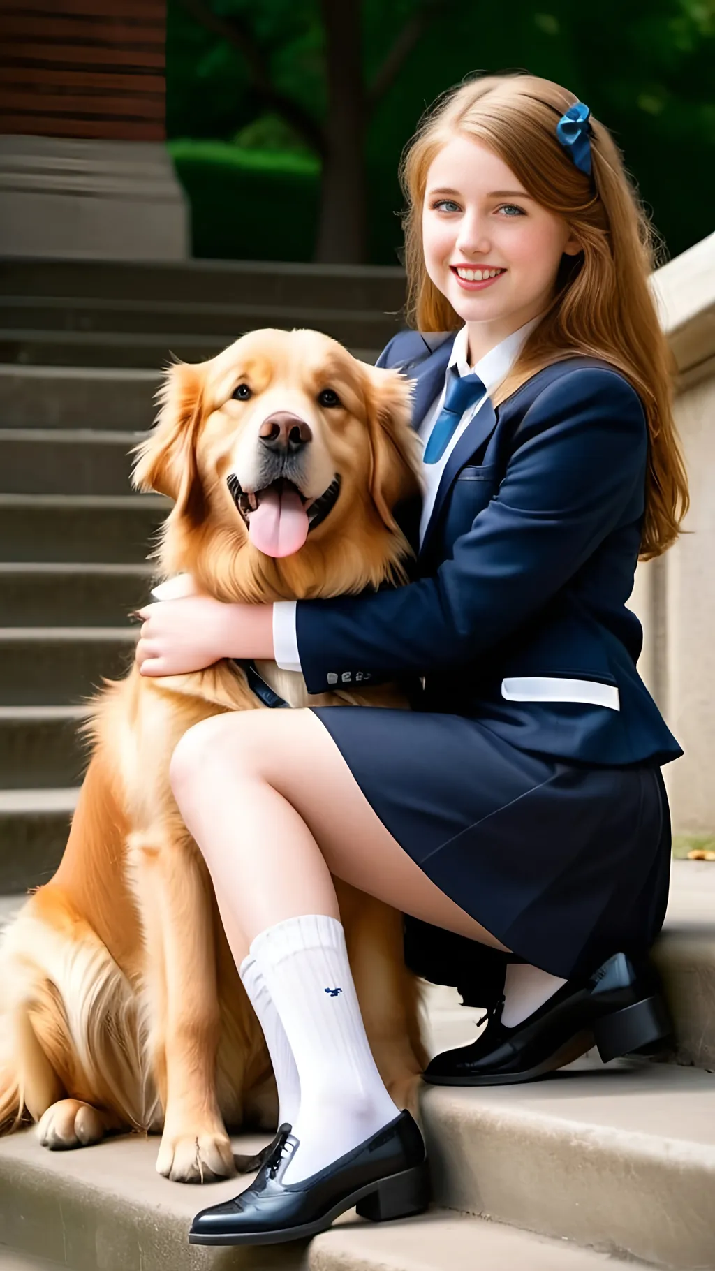 Prompt: Tall, buxom attractive chestnut haired schoolgirl with blue eyes, in black blazer & navy tie, sitting on a concrete step with a pet golden retriever dog, summer scene, ankle-length white socks, black shoes, very short navy pencil skirt, very long shapely legs, pale skin, beautiful golden-ratio face, smiling, full curvaceous physique, high quality, 8k photo, warm lighting, summer colors, schoolgirl fashion, detailed features, school house steps setting
