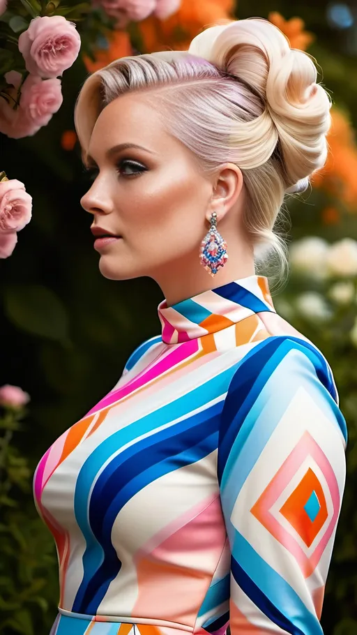 Prompt: Portrait of Beautiful Swedish model in angled profile view, body-con designer print dress with blue pink cream orange colors, white boots, pink & blonde gradient updo hair, intricate diamond face with smoky makeup, blue-eyed, curvy figure, shapely legs, earrings, standing in garden, 8k, high detailed, fashion illustration, vibrant color tones, lush garden setting, detailed features, professional lighting