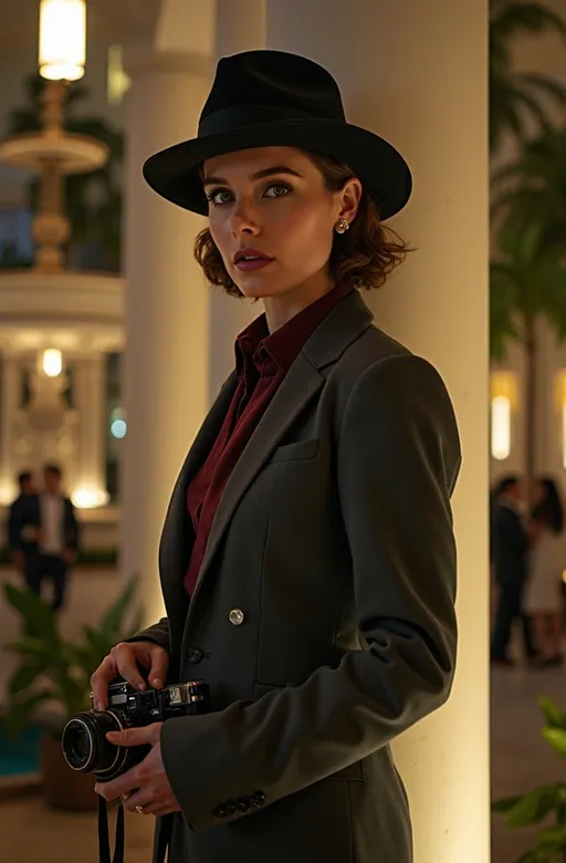 Prompt: Cinematic photo portrait, (famous American Detective Samantha Spade) standing next to a column, holding a small camera, gorgeous square face, chestnut hair, intense gaze, grand art deco hotel courtyard, crowded with people in casual tropical attire, large fountain, nautical-themed decor, potted palms, vibrant 1930s vintage vibe, elegant atmosphere, she wears a dark gray and maroon suit, black fedora, high detail, ultra-detailed, night scene, muted lighting, dramatic shadows, 8k.