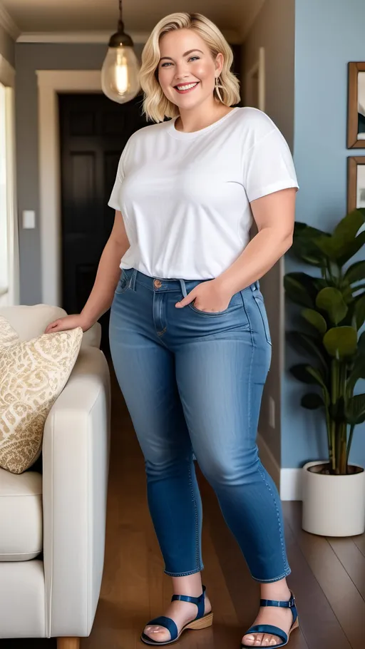 Prompt: ((profile view)) of a tall curvy woman, intricate facial features, short blonde hair, blue eyes, inviting smile, snug white cropped tee, blue tight denim jeans, sandals, showcasing curves, cozy living room setting, 8k photo, high fashion, detailed features, cozy setting, profile view, fashion advertising style