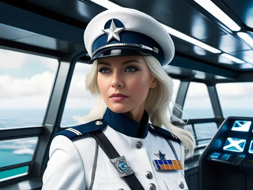 Prompt: Tall female officer in blue & white uniform with white beret and Star Patrol insignia, age 35, flowing white hair & green-eyed, standing on the very busy bridge of a star cruiser, many personnel, 8k photo, futuristic-sci-fi, star cruiser bridge, detailed uniform, flowing hair, professional, bustling atmosphere, intense green eyes, highres, sci-fi, futuristic, white beret, Star Patrol insignia, busy personnel, dynamic composition, atmospheric lighting