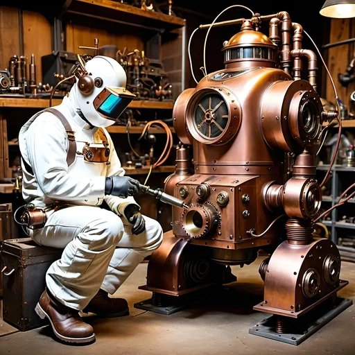 Prompt: Modern repair crew in white coveralls and boots working with modern tools and welding gear, repairing a vintage steampunk robot made of brass & copper, 8k photo, steampunk, vintage, modern, repair crew, white coveralls, boots, modern tools, welding gear, brass, copper, detailed, professional, industrial setting, vintage robot, high quality, ultra-detailed, atmospheric lighting