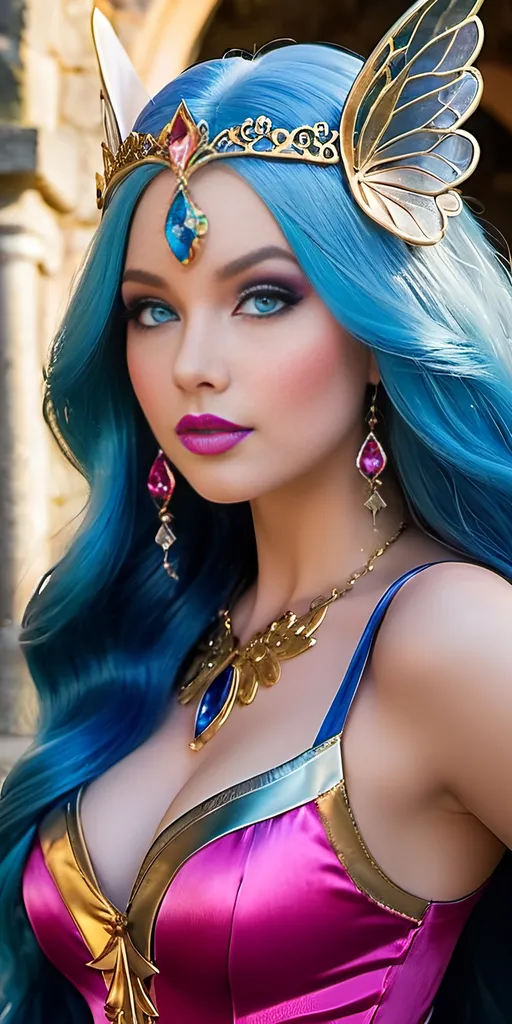 Prompt: Beautiful buxom Fairie princess with gossamer wings, age 18, intricate facial details, long blue hair, blue-eyed, light makeup, fuscia lipstick, prominent cheekbones, pink & gold silk bodysuit, buxom figure:2.0, standing in the courtyard of a stone castle, 8K photo, realistic full body shot, detailed features, professional, warm lighting