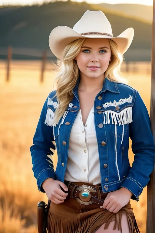 Prompt: Pretty blonde teenage rodeo girl, vibrant blue eyes, beautiful round face, wearing a (blue denim jacket with white fringe detail), (chambray shirt), (brown suede fringed skirt), (white cowboy boots), (cowboy hat), holding a lasso, warm light, photorealistic, professional photo, high-res, curvy physique, detailed textures, crisp focus, warm and inviting atmosphere, golden hour lighting, ranch background with fencing and open fields, vibrant colors, 4K, ultra-detailed.