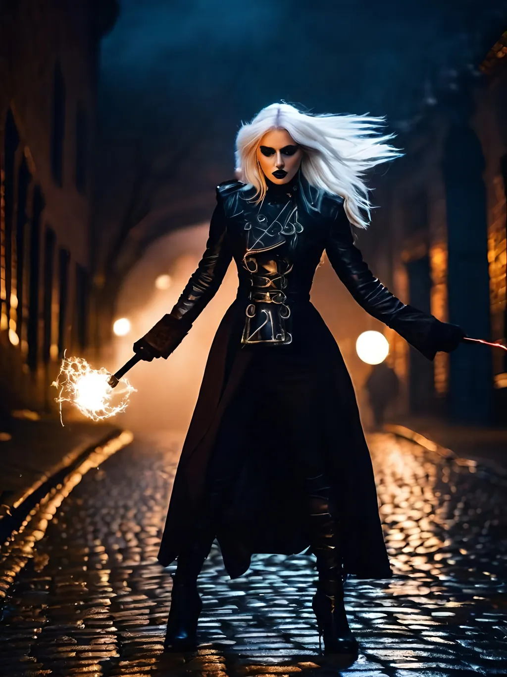 Prompt: Beautiful female shadow warrior with bolts of electricity arcing from her fingertips to the street lamps, tall, long white hair, black eyes, dark gothic makeup, pale skin, black leather duster, black blouse & slacks, black leather boots, cinematic, horror, 8K photo, key light, standing in a cobblestone lane, foggy night, intricate details.