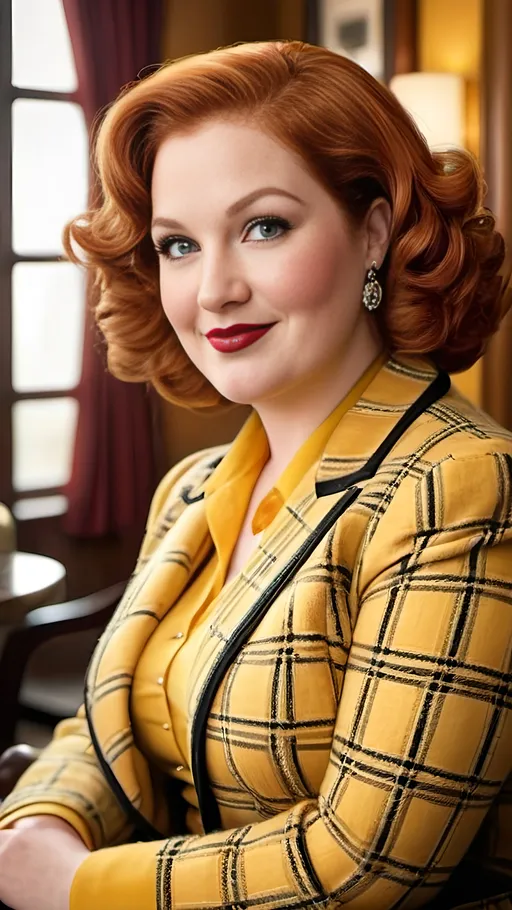 Prompt: Sophisticated art deco lounge, elegant but overweight woman (age 35) with beautiful round face, double chin, curvaceous figure, curly red hair,  yellow plaid tweed jacket, yellow blouse, yellow pencil skirt, black boots, crowded scene, subtle smile, high-res photo, plump buxom physique, art deco, elegant, detailed facial features, realistic, sophisticated, busy setting, vibrant colors, professional photography