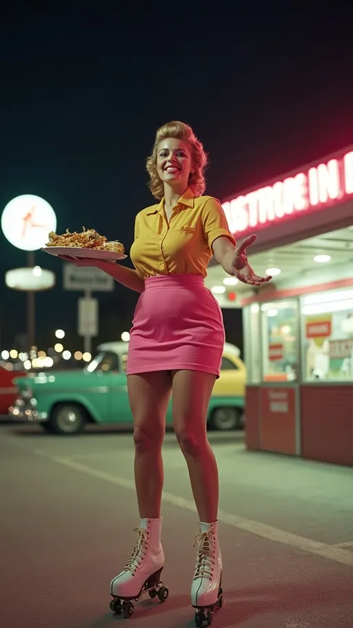 Prompt: (Beautiful 1960s car-hop waitress on roller skates), mid-century style space-age architecture, bringing a tray of food to a customer, (vibrant pink and yellow uniform), (plump curvy figure), long shapely legs, lively atmosphere, retro decor, Los Angeles drive-in, joyful expressions, nighttime scene, bright neon lights, soft fluorescent lighting, ultra-detailed, 8k resolution, photorealistic, dynamic composition, high quality, nostalgic charm, classic 1960s cars in background.