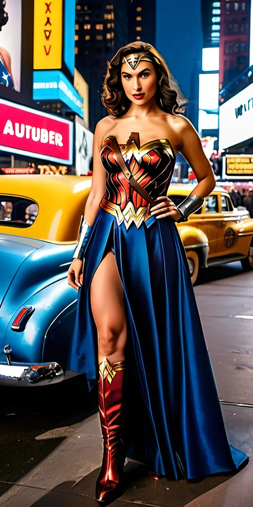 Prompt: Vintage cinematic nightscape of Wonder Woman|(Gal Gadot|Lynda Carter) in Wonder Woman costume with long blue skirt and black boots, yellow 1940s taxicab, New York Times Square, auburn hair, blue-eyed, detailed face, bosomy curvy figure, 8K photo, vintage style, classic outfit, intricate details, cinematic lighting, glamorous, iconic, 1940s setting, detailed cinematic scene, elegant, vintage Wonder Woman