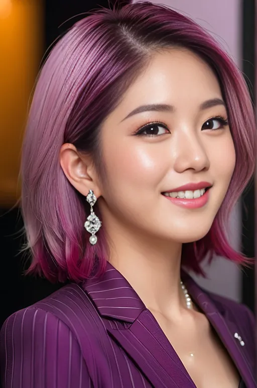 Prompt: Professional profile, beautiful Japanese woman age 25, magenta-purple gradient shoulder-length hair, vibrant gray eyes, diamond shaped face, petite nose, professional makeup, high quality, detailed, realistic, profile, elegant pinstriped apricot suit, confident expression, professional lighting, high-res, simple pearl earrings, subtle smile
