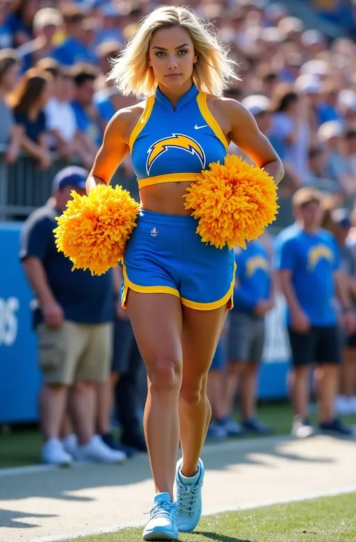 Prompt: Beautiful athletic curvy Los Angeles Chargers cheerleader, uniform, pom poms, light blue sneakers, chic short blonde hair, blue eyes, dynamic motion, stadium sideline, cheering fans in background, high detail & quality, well lit, 8k, pro photo.